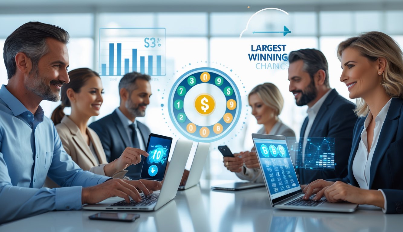 Sekelompok orang dewasa di kantor modern menggunakan perangkat digital untuk bermain togel secara online dengan latar belakang grafik peluang menang.