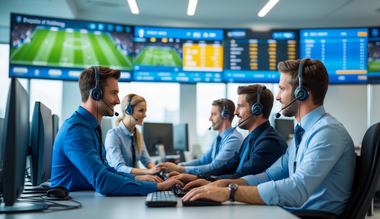 Tim layanan pelanggan sedang bekerja di kantor modern dengan layar besar menampilkan pertandingan sepak bola.