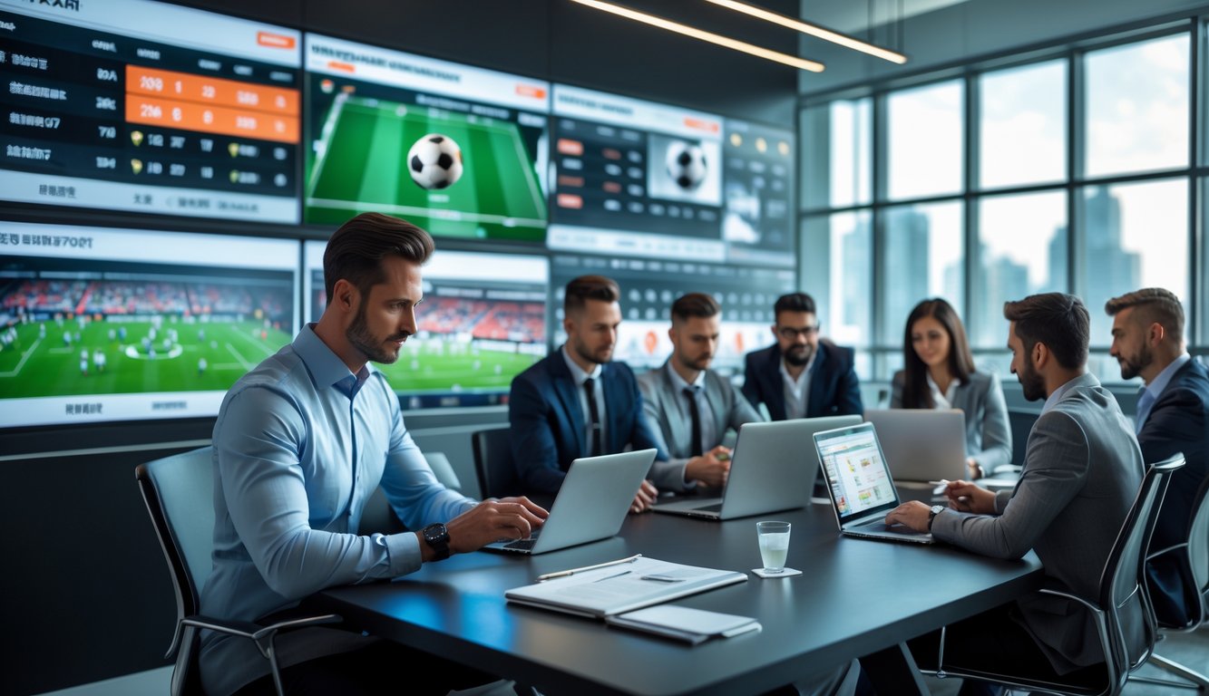 Seorang pria dan beberapa orang lain sedang menganalisis data taruhan sepak bola di ruang kantor modern dengan layar besar yang menampilkan pertandingan sepak bola.