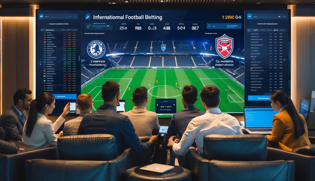 Sekelompok orang sedang bertaruh pada pertandingan sepak bola internasional di ruang taruhan modern dengan layar digital besar menampilkan statistik dan peluang pertandingan.