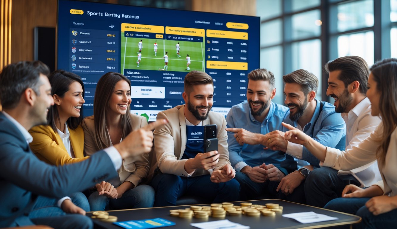 Sekelompok orang sedang melihat layar digital yang menampilkan pertandingan sepak bola dan peluang taruhan dalam ruangan modern.