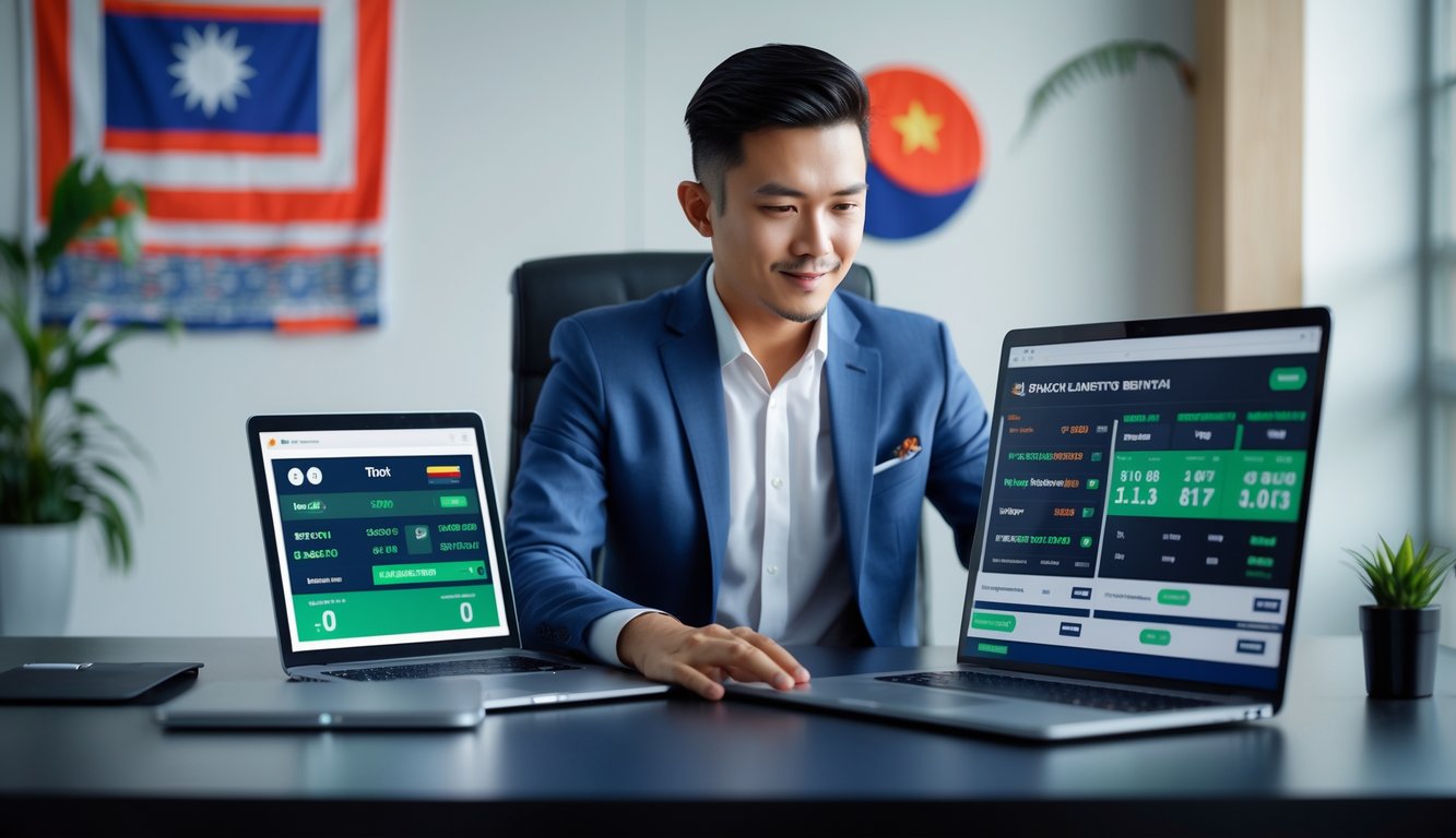 Seorang pria Indonesia sedang menggunakan perangkat digital untuk memasang taruhan bola di lingkungan kantor yang modern dan aman.