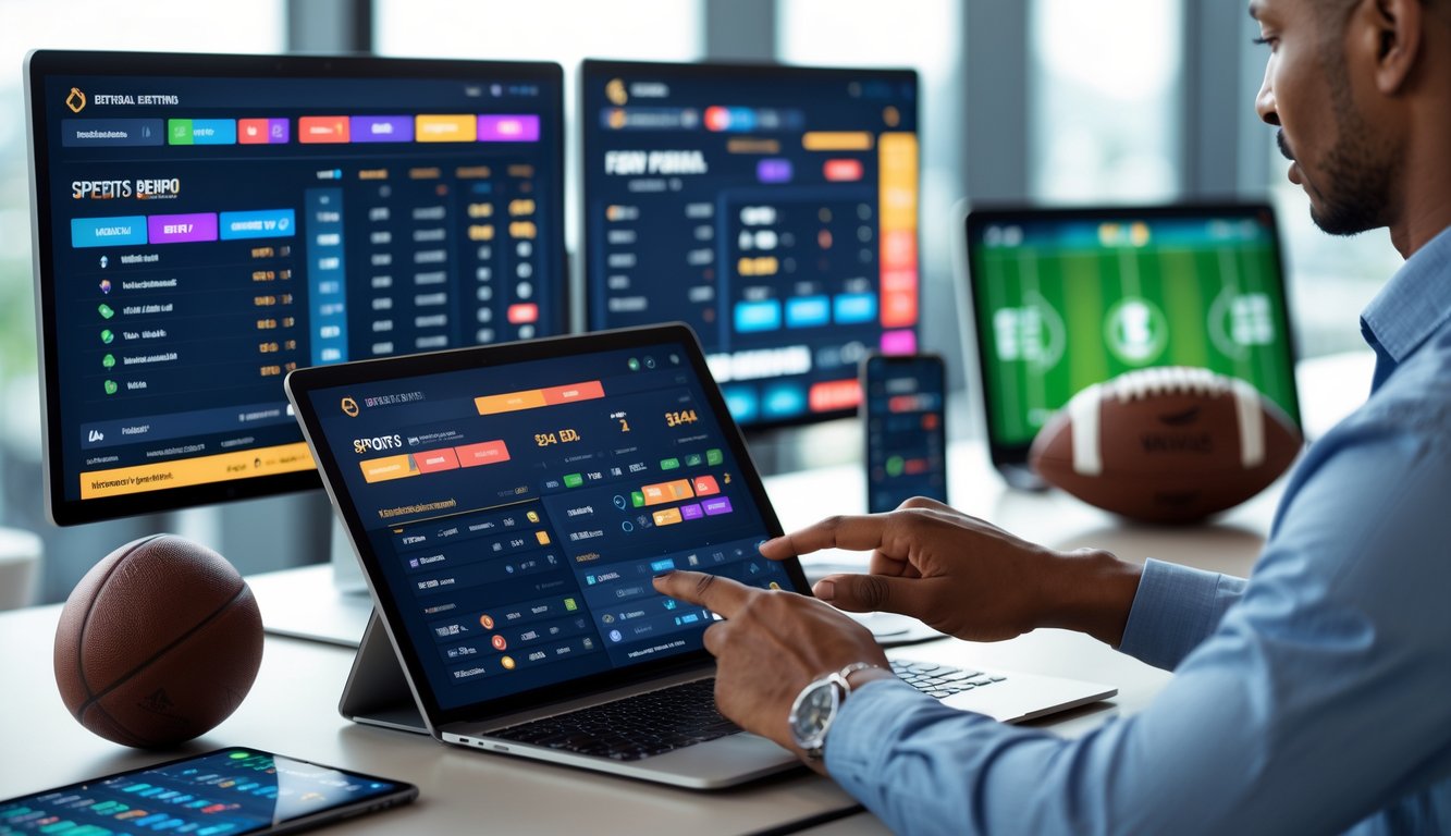 Seseorang menggunakan perangkat digital di meja dengan layar menampilkan statistik pertandingan sepak bola dan aplikasi taruhan olahraga.