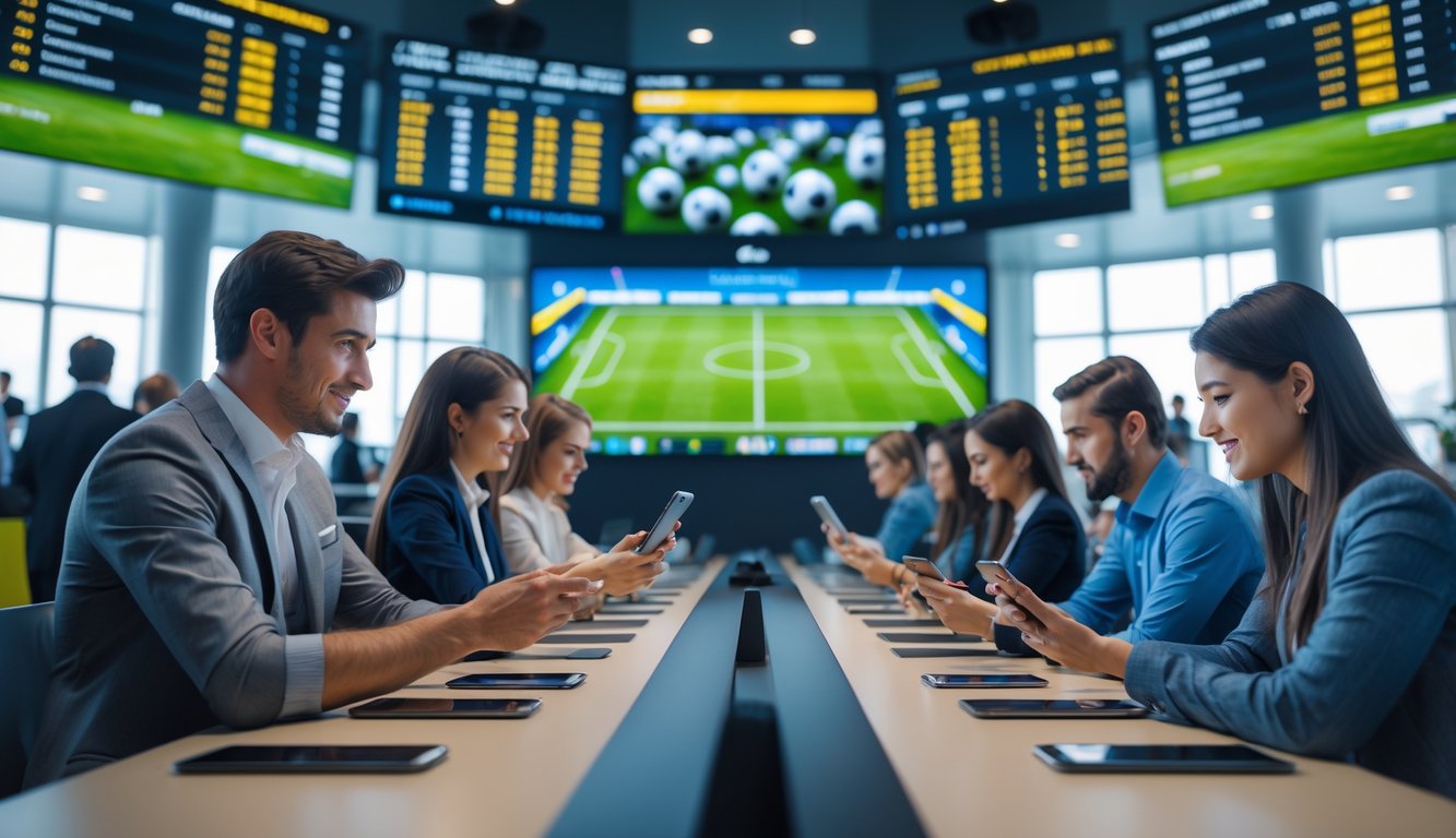 Orang-orang sedang memasang taruhan sepak bola menggunakan perangkat digital di ruangan dengan layar besar menampilkan pertandingan sepak bola dan statistik.
