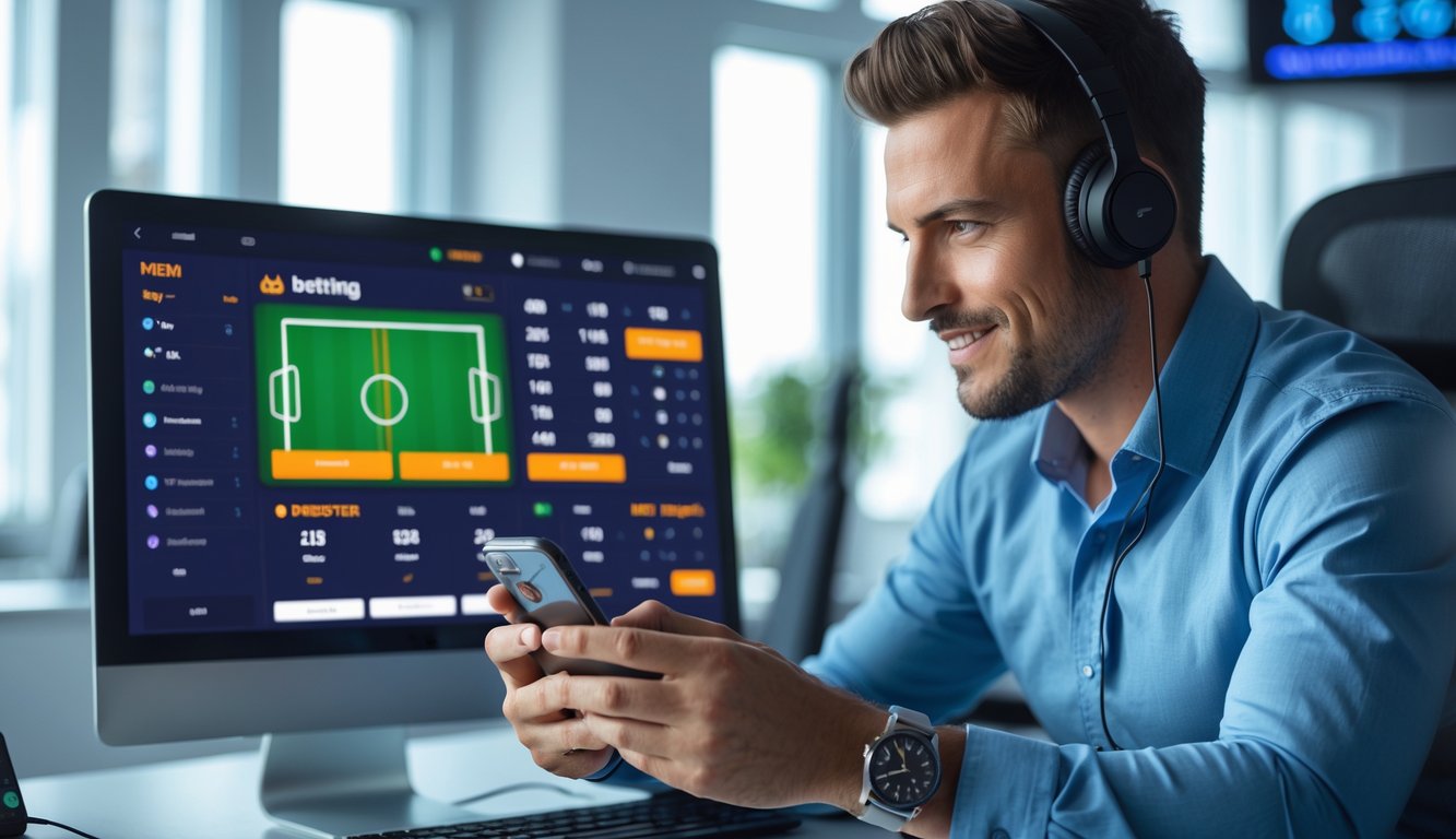 Seorang pria duduk di kantor modern menggunakan komputer dan ponsel untuk mengakses platform taruhan bola dengan tampilan statistik pertandingan sepak bola dan layanan 24 jam.