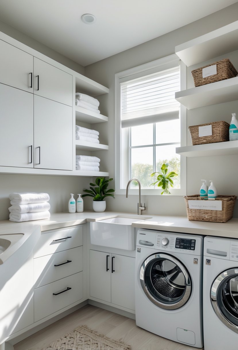Laundry Room Makeover Ideas 2026: 24 Smart Ways to Refresh Your Space 2 A clean and organized laundry room with washer and dryer, white cabinets, countertop with sink, shelves with laundry supplies, and a window letting in natural light.