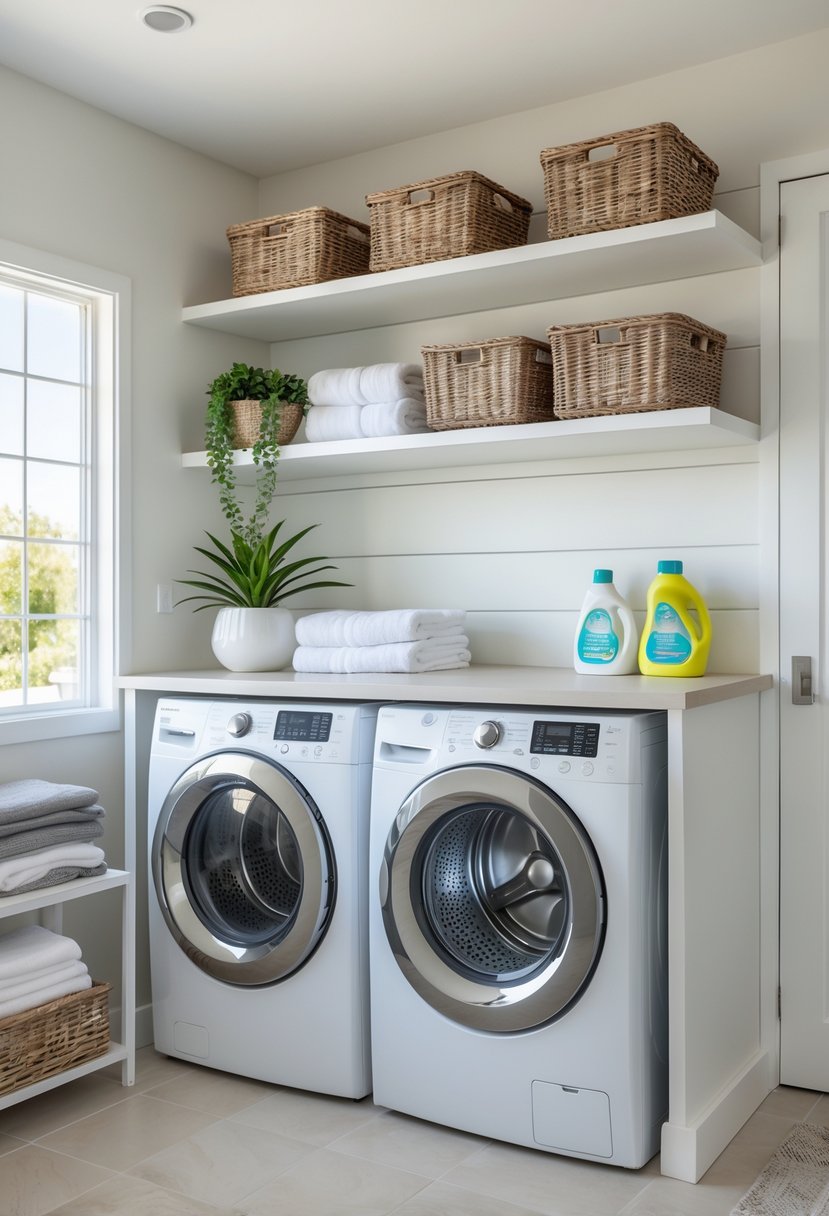 Laundry Room Makeover Ideas 2026: 24 Smart Ways to Refresh Your Space 3 Laundry room with floating shelves above washer and dryer, organized with baskets and laundry supplies.