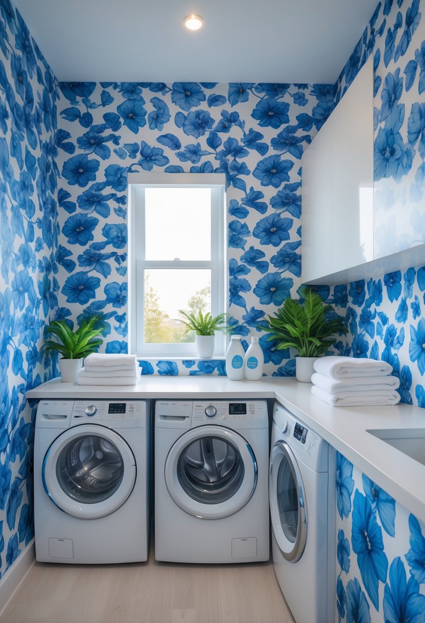 Laundry Room Makeover Ideas 2026: 24 Smart Ways to Refresh Your Space 4 A bright laundry room with vibrant blue floral wallpaper, a white washing machine and dryer, folded towels, and a small green plant on the countertop.
