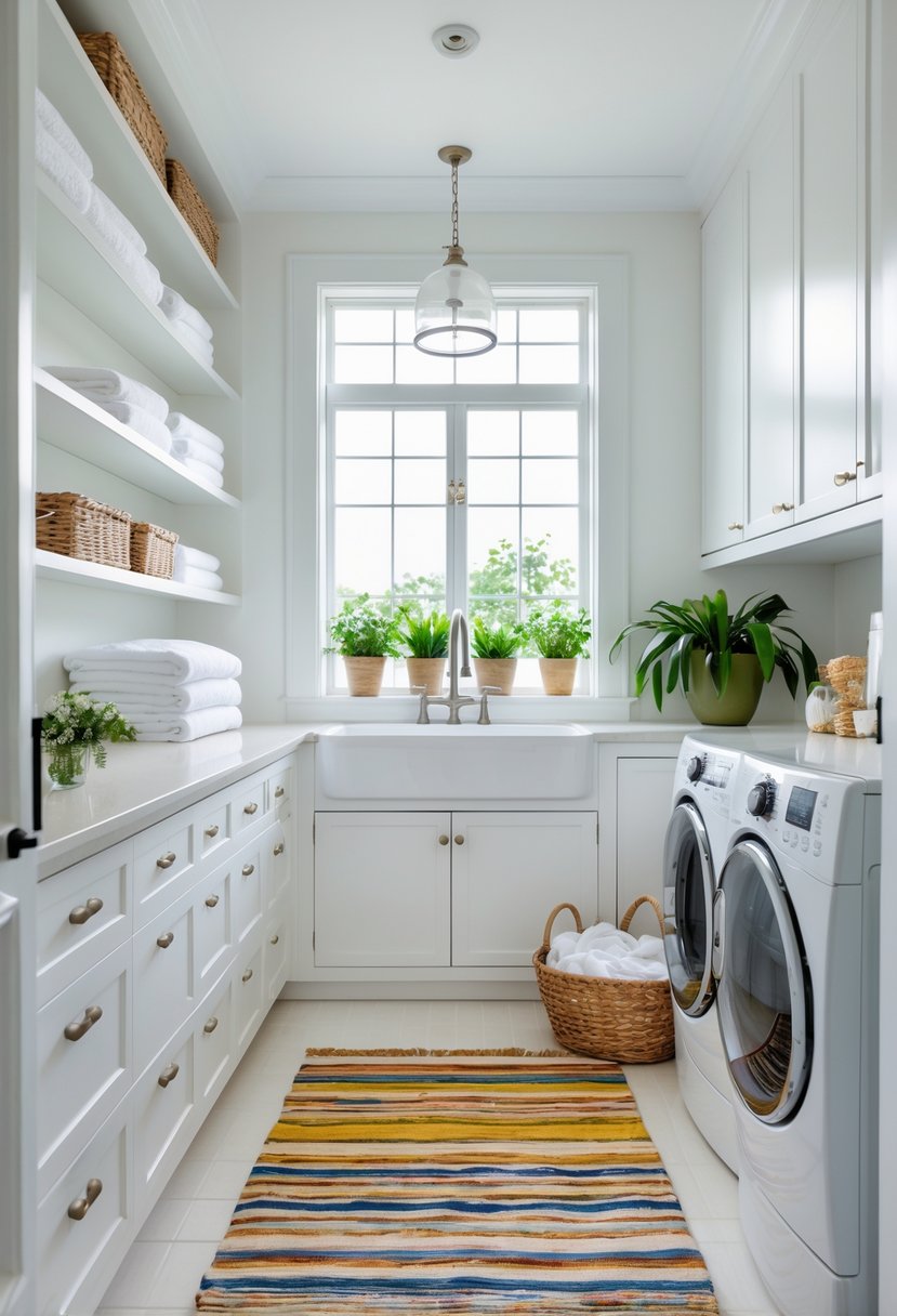 Laundry Room Makeover Ideas 2026: 24 Smart Ways to Refresh Your Space 5 A bright laundry room with white cabinets, stainless steel appliances, a colorful striped rug on the floor, folded towels on shelves, and potted plants.