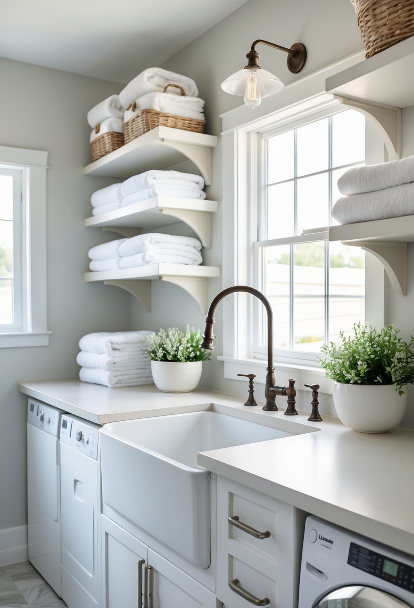 Laundry Room Makeover Ideas 2026: 24 Smart Ways to Refresh Your Space 7 Laundry room with a white utility sink and farmhouse faucet, surrounded by shelves and cabinets with laundry supplies and plants.