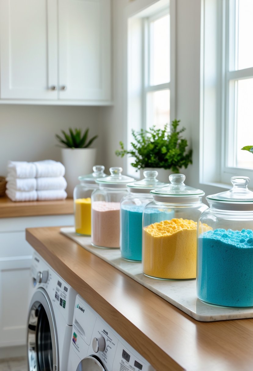 Laundry Room Makeover Ideas 2026: 24 Smart Ways to Refresh Your Space 9 A laundry room countertop with clear glass jars filled with detergent, next to a washing machine and light-colored cabinets.