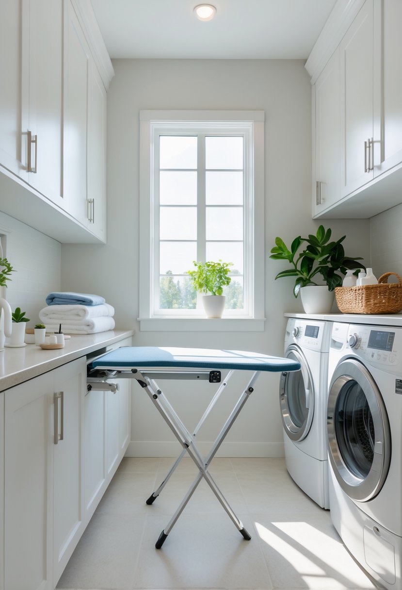 Laundry Room Makeover Ideas 2026: 24 Smart Ways to Refresh Your Space 10 A modern laundry room with a fold-down ironing board extended on the wall, a stacked washer and dryer, white cabinets, and natural light coming through a window.