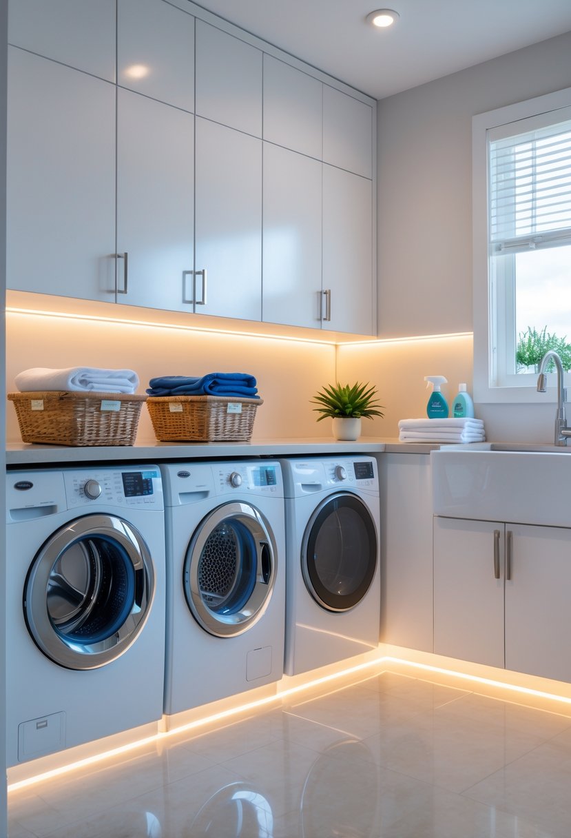Laundry Room Makeover Ideas 2026: 24 Smart Ways to Refresh Your Space 11 A clean laundry room with under-cabinet LED lighting illuminating the countertop, white cabinets, washing machine, dryer, and organized storage.