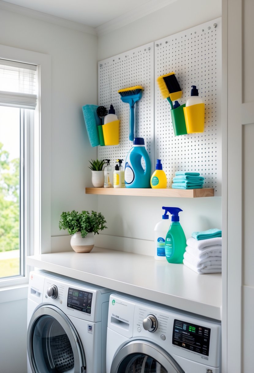 Laundry Room Makeover Ideas 2026: 24 Smart Ways to Refresh Your Space 12 Laundry room with a pegboard organizing cleaning tools above a washing machine and dryer.
