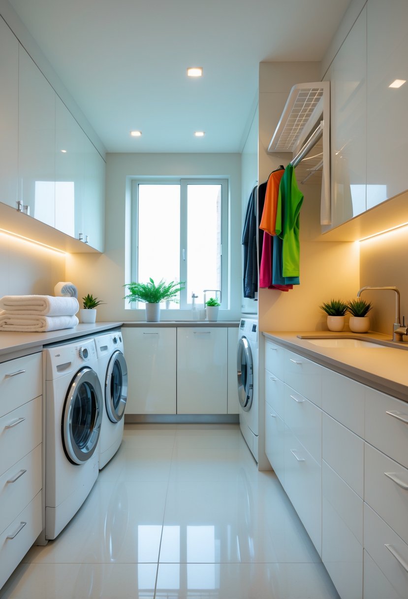 Laundry Room Makeover Ideas 2026: 24 Smart Ways to Refresh Your Space 13 A bright laundry room with a built-in drying rack holding clothes, white cabinets, a washing machine and dryer, and plants on the countertop.