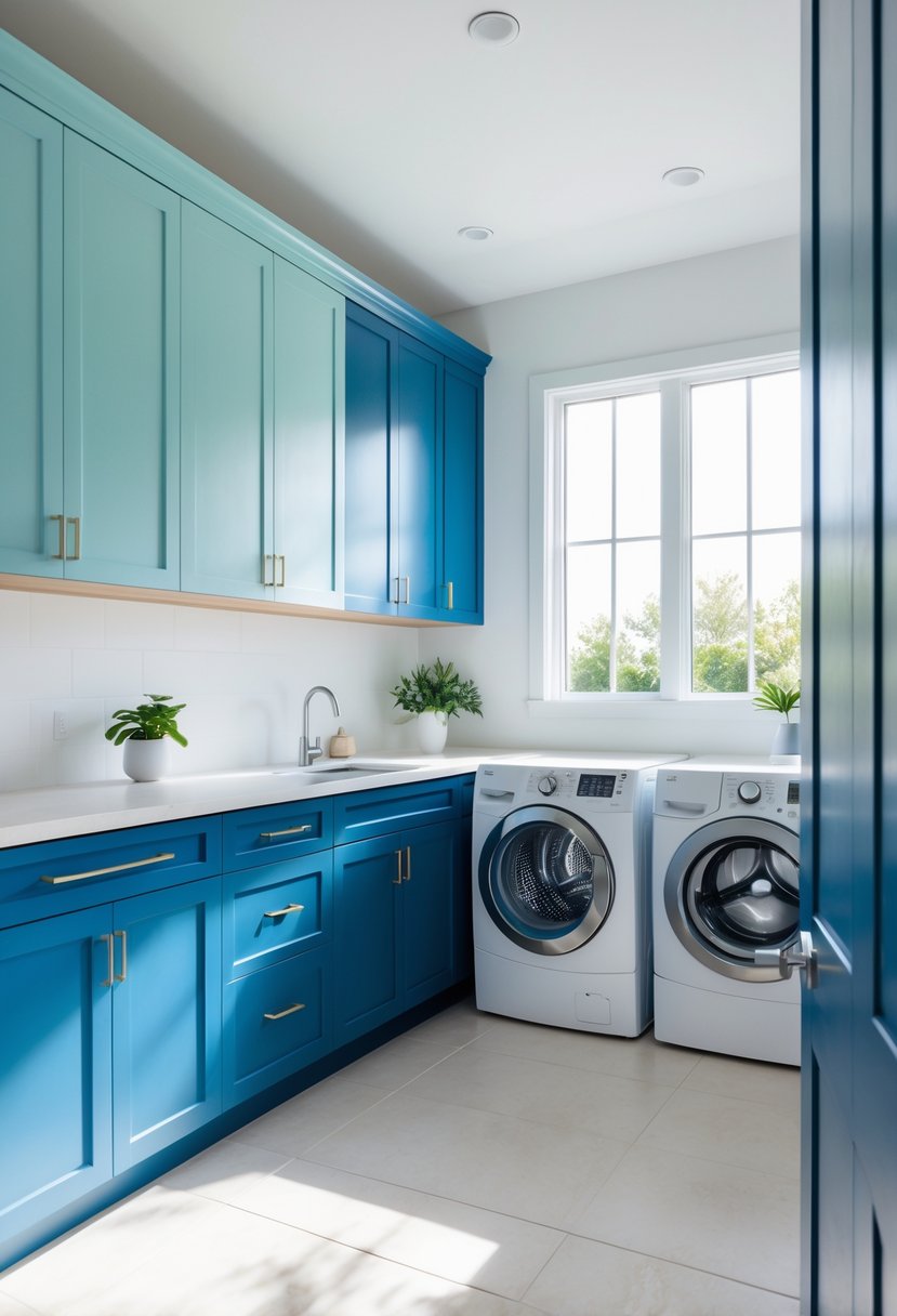 Laundry Room Makeover Ideas 2026: 24 Smart Ways to Refresh Your Space 14 A laundry room with blue cabinets, a washing machine and dryer, a white countertop, and natural light coming through a window.