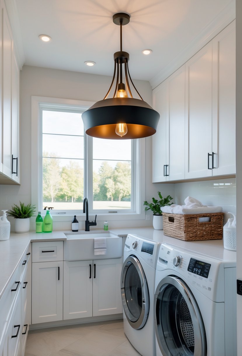 Laundry Room Makeover Ideas 2026: 24 Smart Ways to Refresh Your Space 15 A laundry room with a washing machine and dryer under a countertop, a pendant light hanging from the ceiling, and organized laundry supplies on the counter.