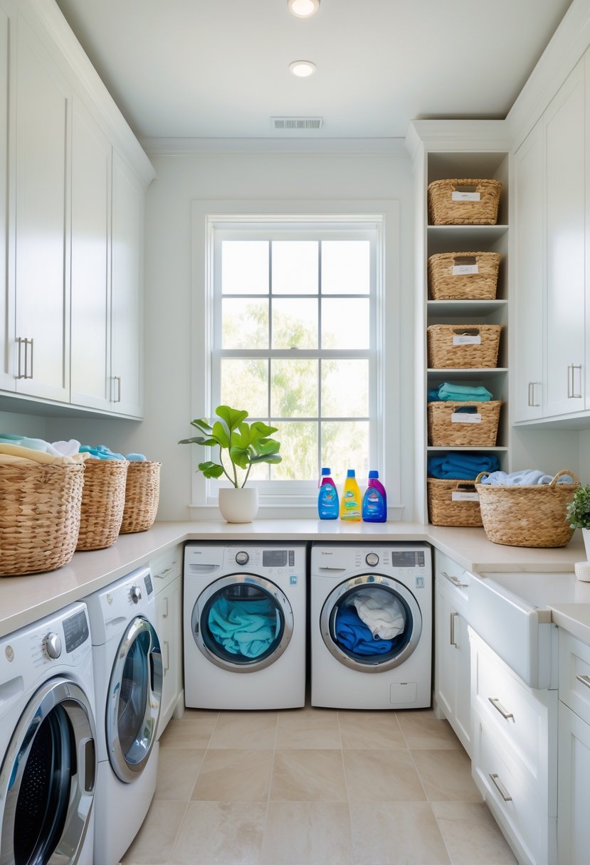 Laundry Room Makeover Ideas 2026: 24 Smart Ways to Refresh Your Space 16 A bright laundry room with woven baskets arranged for sorting laundry next to a washing machine and dryer.