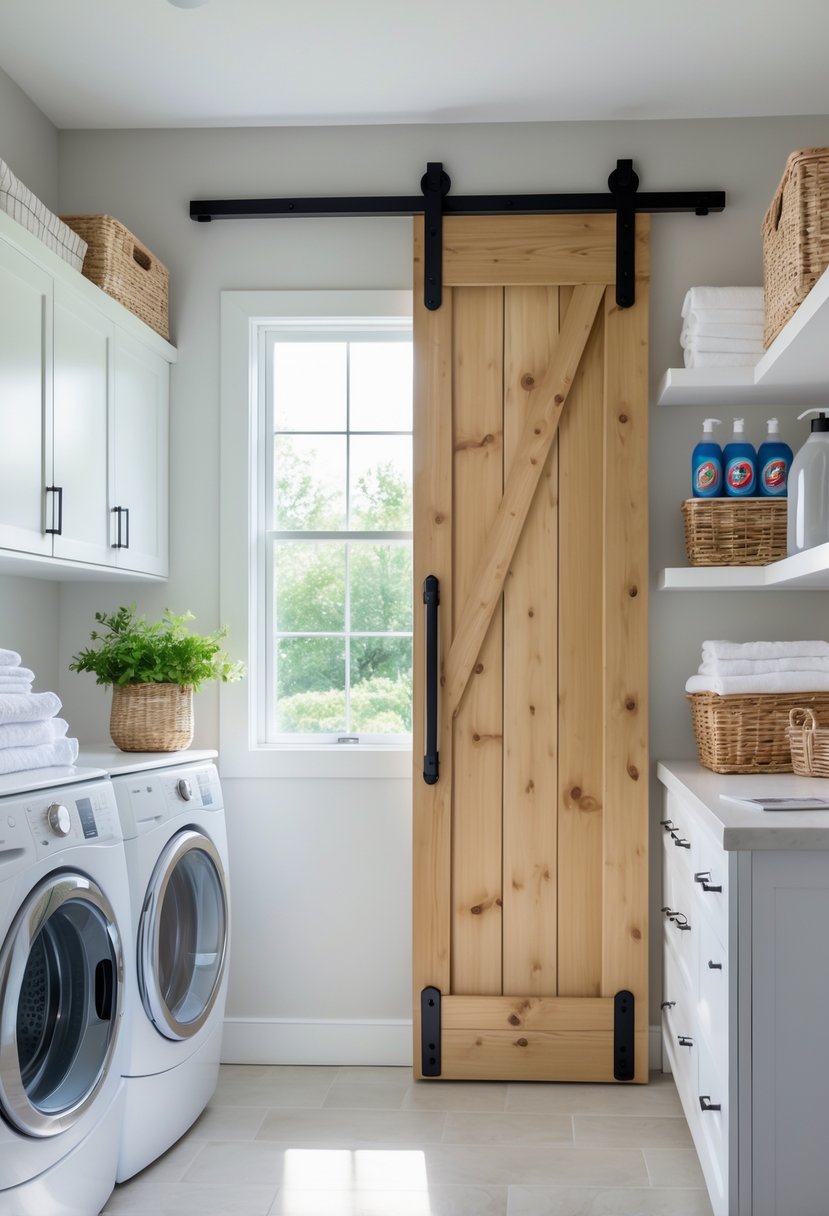 Laundry Room Makeover Ideas 2026: 24 Smart Ways to Refresh Your Space 17 A laundry room with a sliding barn door, washer and dryer, countertop, and shelves with laundry supplies.