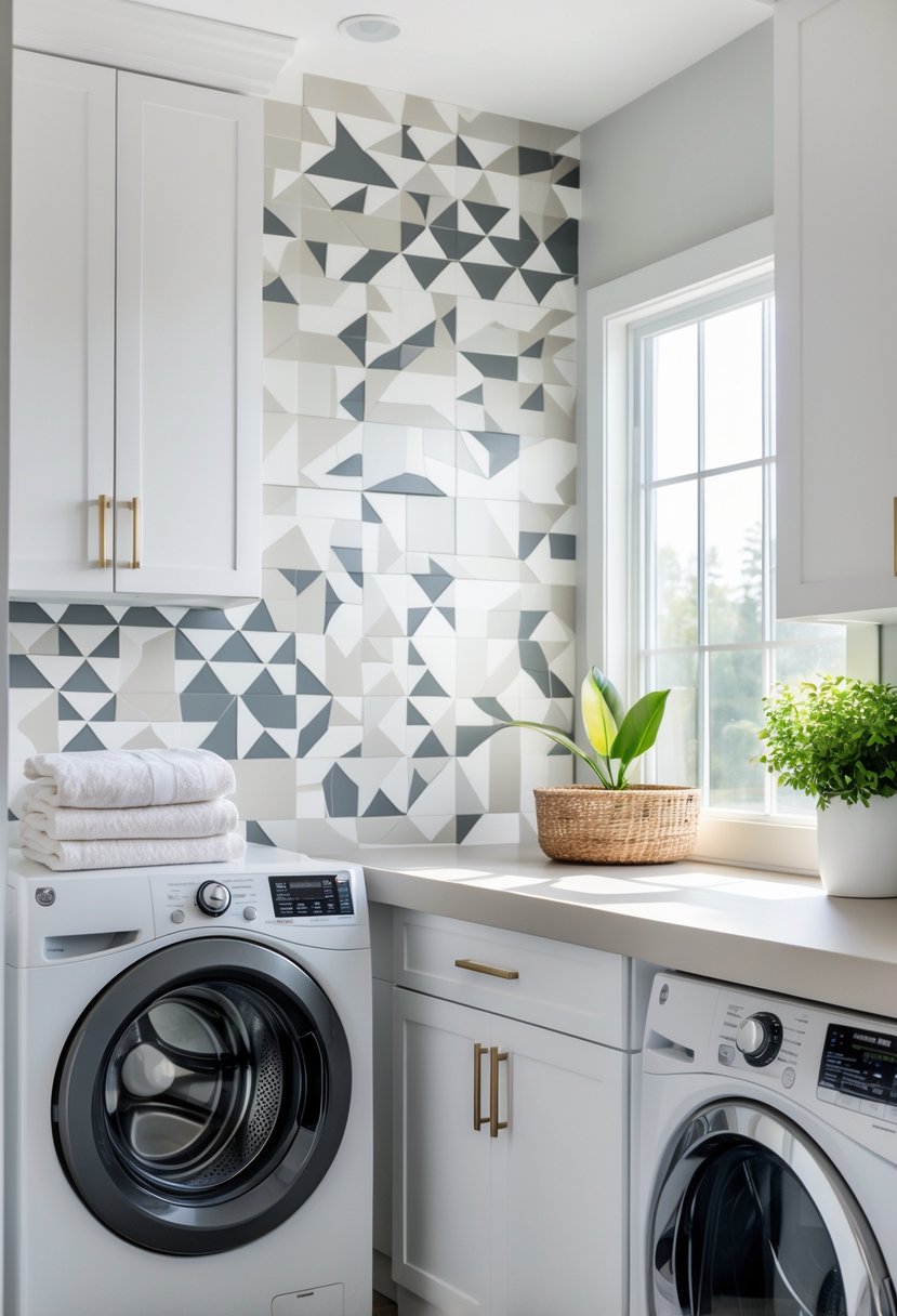 Laundry Room Makeover Ideas 2026: 24 Smart Ways to Refresh Your Space 19 A modern laundry room with a peel-and-stick tile backsplash, washing machine and dryer, countertop with folded towels and a plant, brightly lit by natural light.