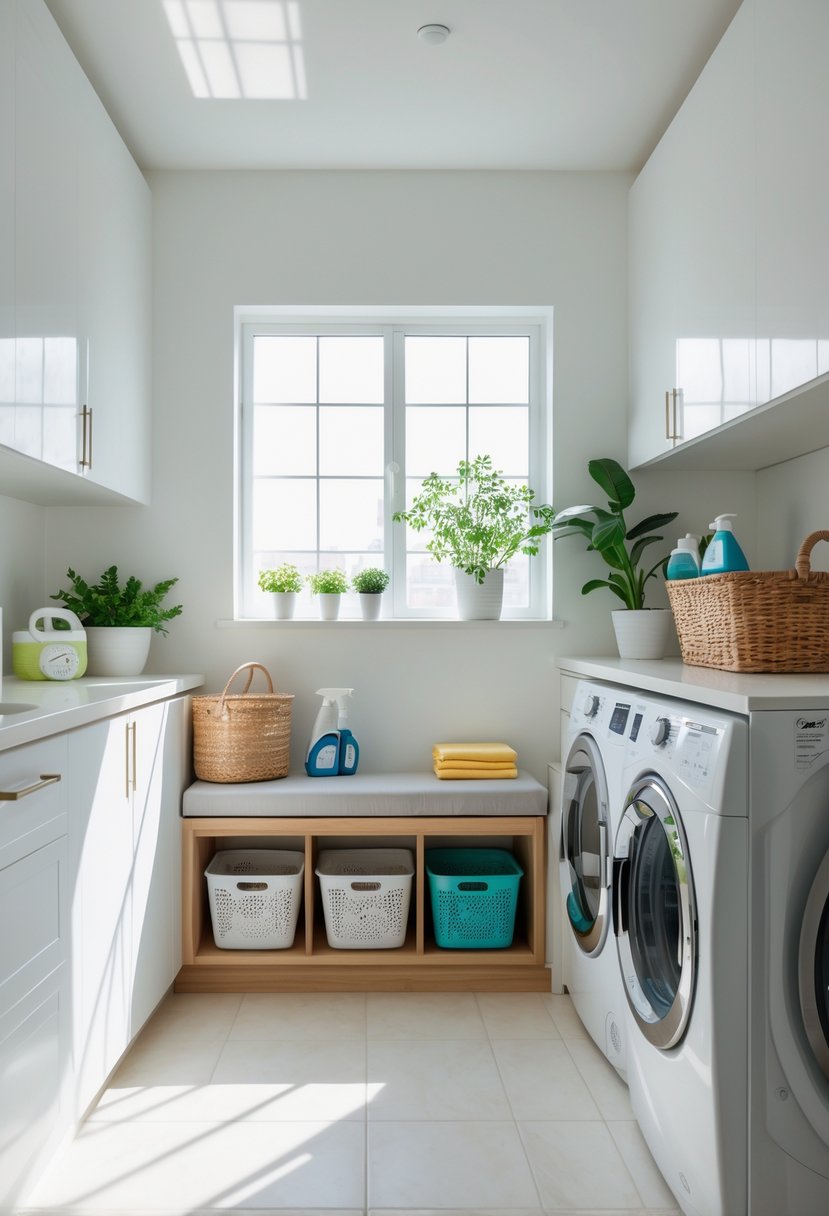 Laundry Room Makeover Ideas 2026: 24 Smart Ways to Refresh Your Space 20 A laundry room with a small wooden bench with storage, washing machine and dryer, cabinets, and plants.