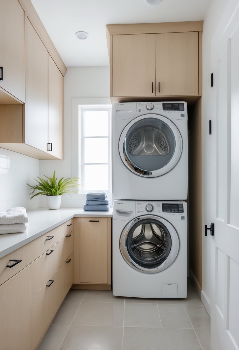 Laundry Room Makeover Ideas 2026: 24 Smart Ways to Refresh Your Space 22 A modern laundry room with a stackable washer and dryer, wooden cabinets, folded laundry on a countertop, and natural light coming through a window.