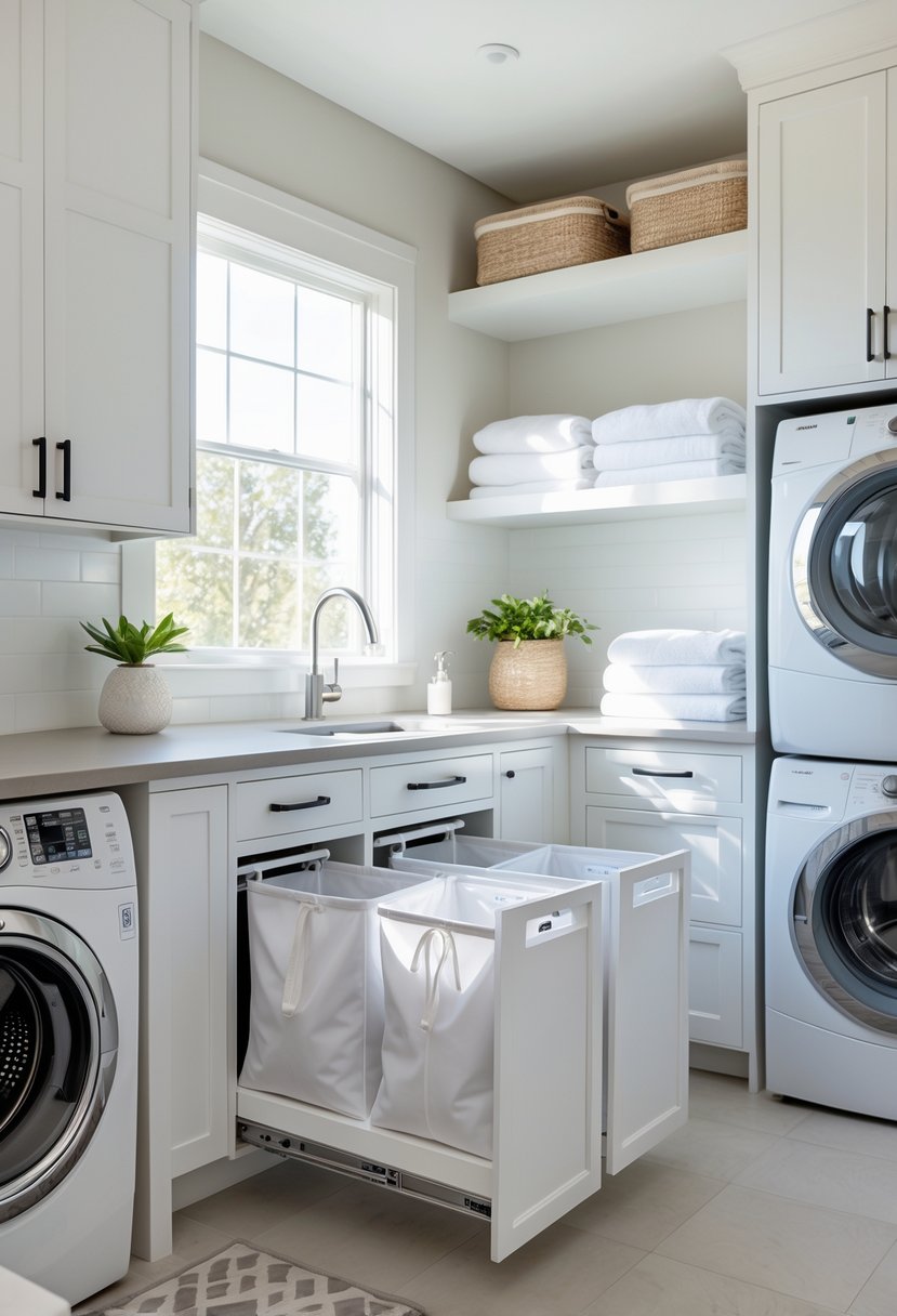 Laundry Room Makeover Ideas 2026: 24 Smart Ways to Refresh Your Space 24 A modern laundry room with a pull-out hamper system partially open under a countertop, next to a washing machine and dryer.
