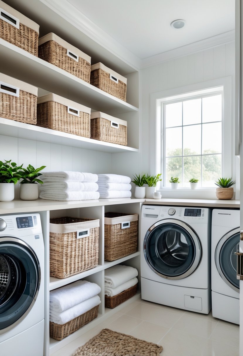 Laundry Room Makeover Ideas 2026: 24 Smart Ways to Refresh Your Space 25 A clean and organized laundry room with decorative storage bins on shelves, a washing machine and dryer, and natural light coming through a window.