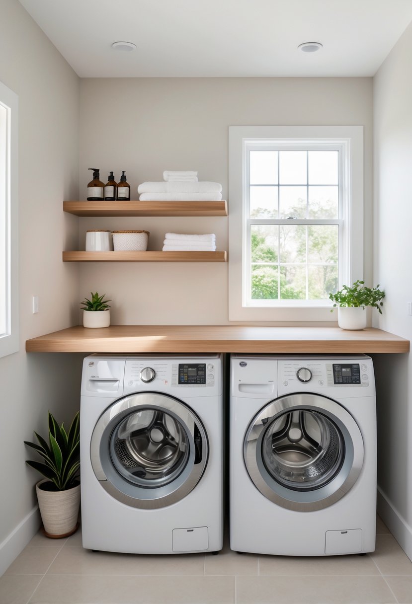 Laundry Room Makeover Ideas 2026: 24 Smart Ways to Refresh Your Space 26 Laundry room with front-load washing machines and dryers topped by a wooden countertop, bright and organized with shelves and a plant.