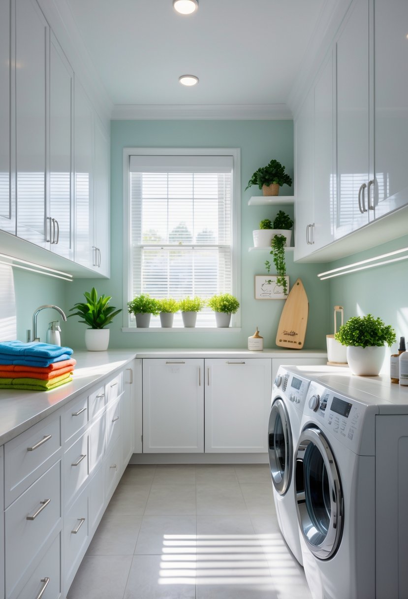 Laundry Room Makeover Ideas 2026: 24 Smart Ways to Refresh Your Space 27 A bright laundry room with a washer and dryer, folded clothes on the counter, potted plants, and organized shelves.