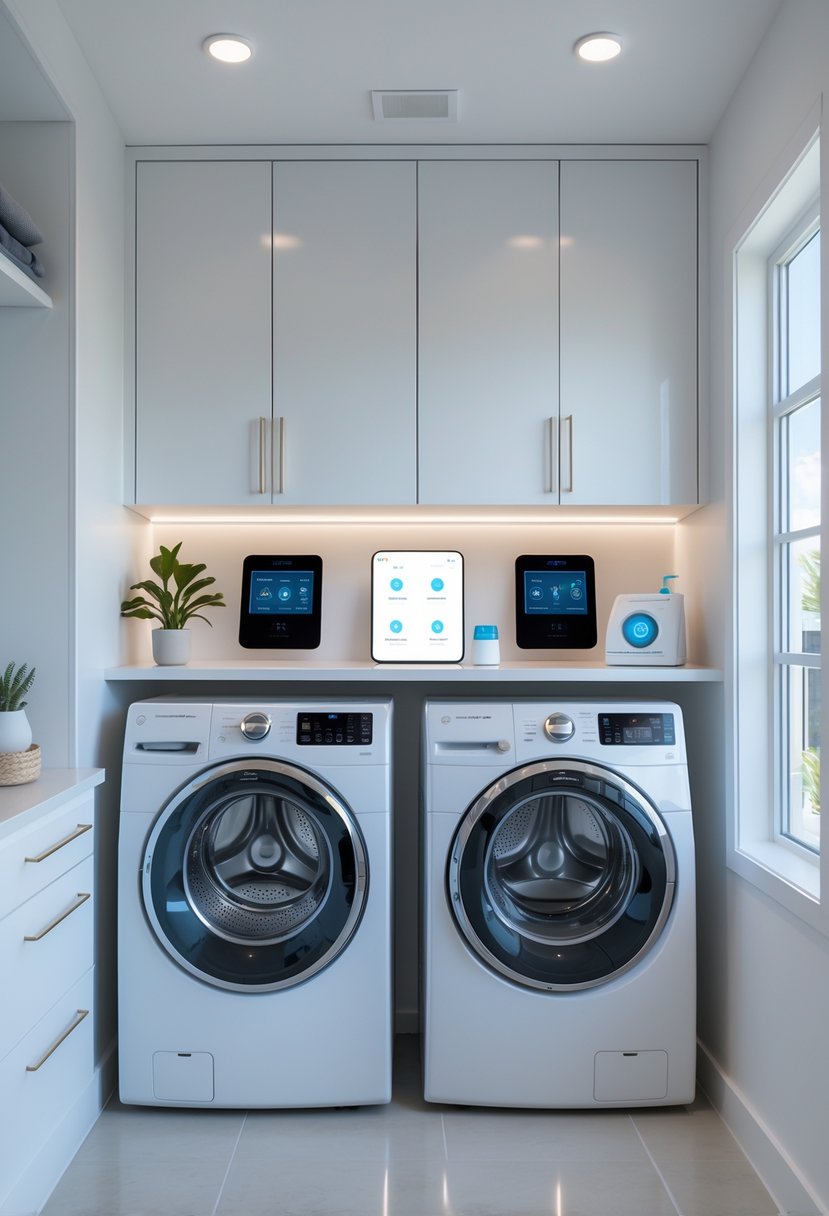 Laundry Room Makeover Ideas 2026: 24 Smart Ways to Refresh Your Space 28 A bright laundry room with modern washer and dryer featuring digital touchscreens, cabinets, a smart folding station, and natural light coming through large windows.