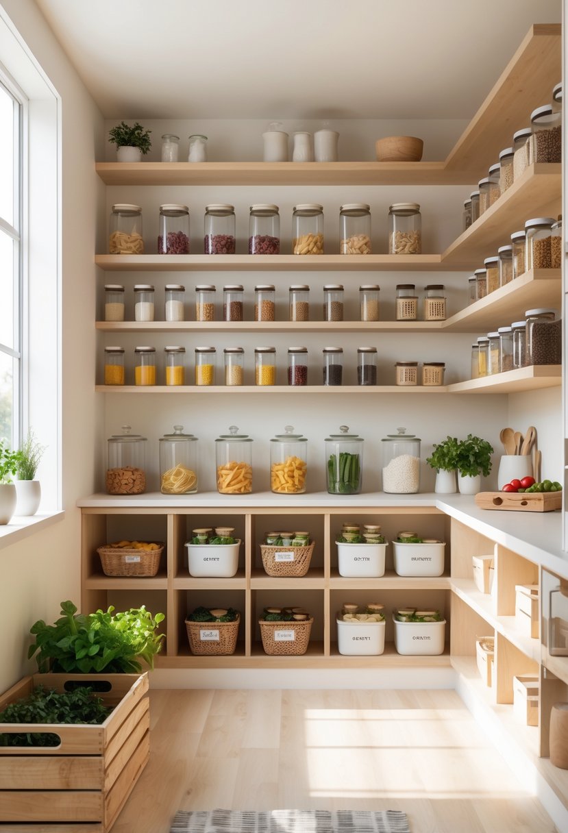 Pantry Makeover Ideas 2026: 22 Smart Ways To Refresh Your Storage Space 2 A well-organized pantry with wooden shelves holding glass jars, baskets, fresh produce, and kitchen items illuminated by natural light.