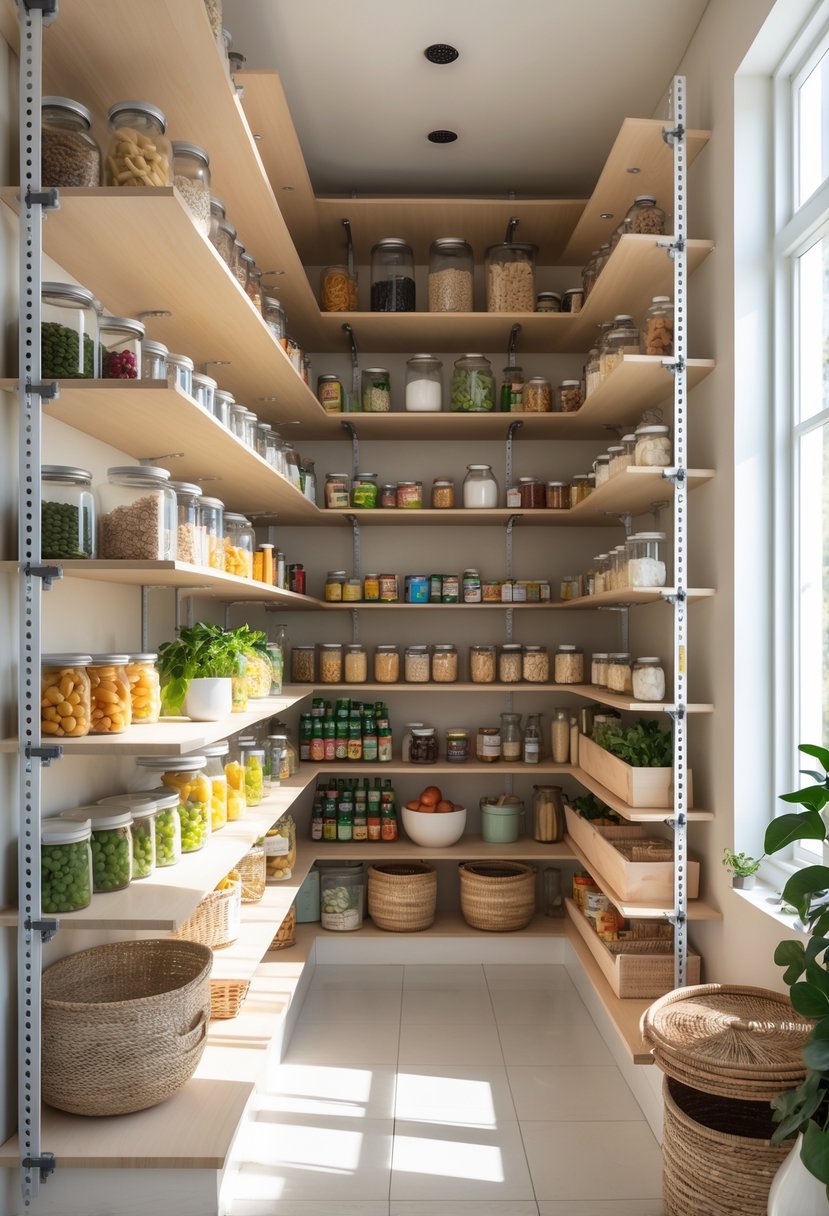 Pantry Makeover Ideas 2026: 22 Smart Ways To Refresh Your Storage Space 3 A modern pantry with adjustable wooden shelves holding jars, canned goods, and baskets, well-organized and brightly lit.