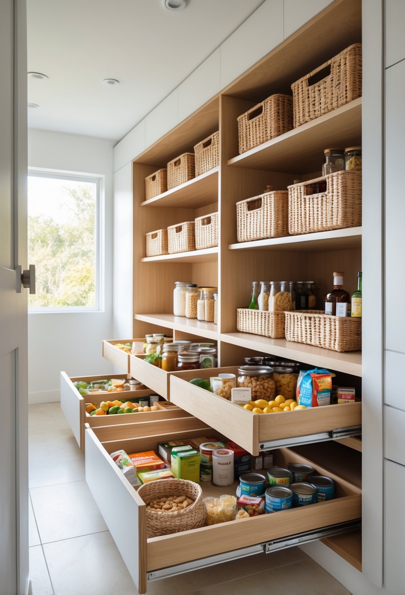Pantry Makeover Ideas 2026: 22 Smart Ways To Refresh Your Storage Space 5 A modern pantry with wooden shelves and pull-out baskets filled with organized food items.