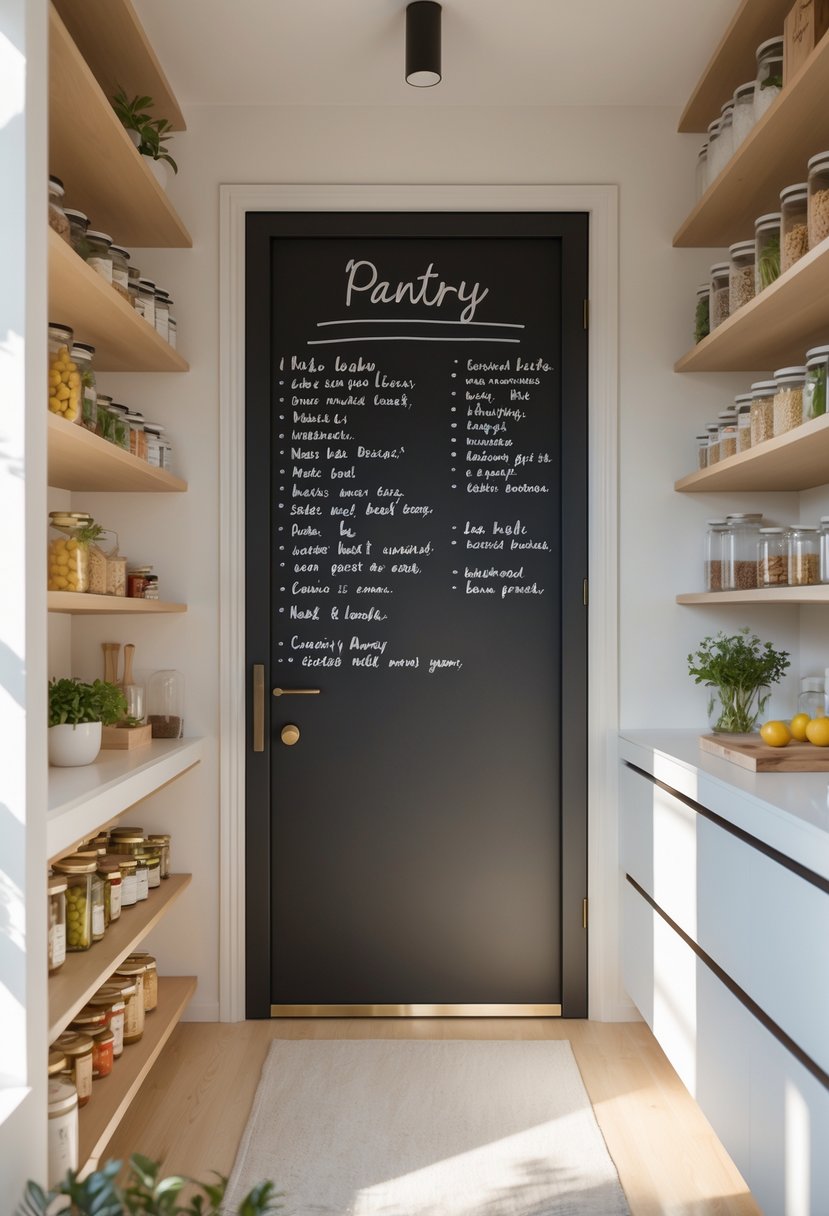 Pantry Makeover Ideas 2026: 22 Smart Ways To Refresh Your Storage Space 6 A modern pantry with shelves of organized jars and cans and a closed chalkboard door used for notes and lists.