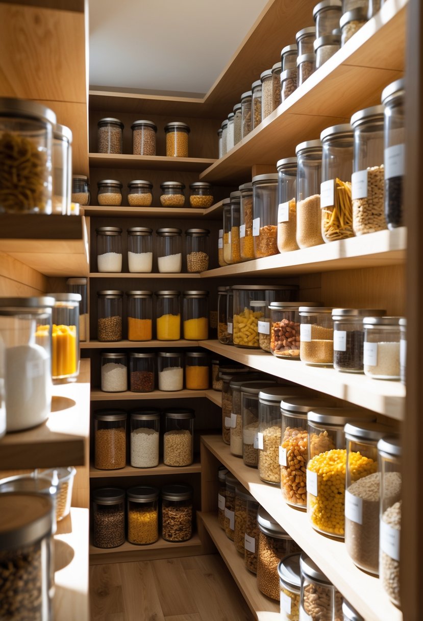 Pantry Makeover Ideas 2026: 22 Smart Ways To Refresh Your Storage Space 7 A neatly organized pantry with shelves holding clear containers filled with dry foods and spices.