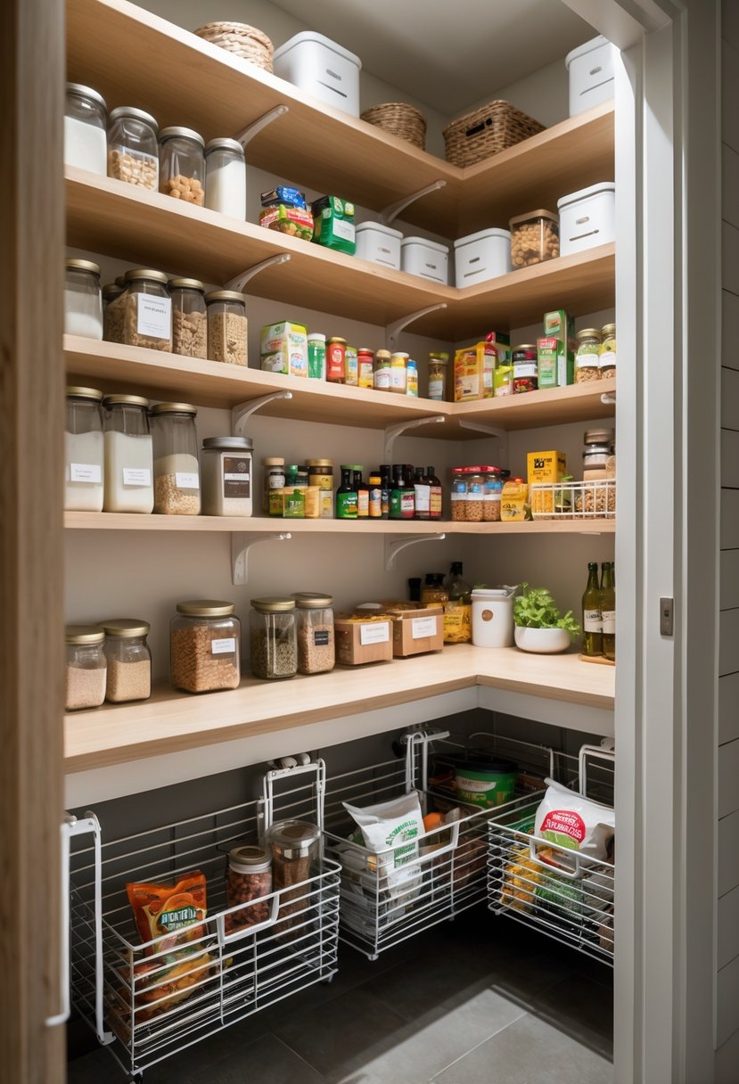 Pantry Makeover Ideas 2026: 22 Smart Ways To Refresh Your Storage Space 9 Organized pantry shelves with under-shelf baskets holding various food items to maximize storage space.