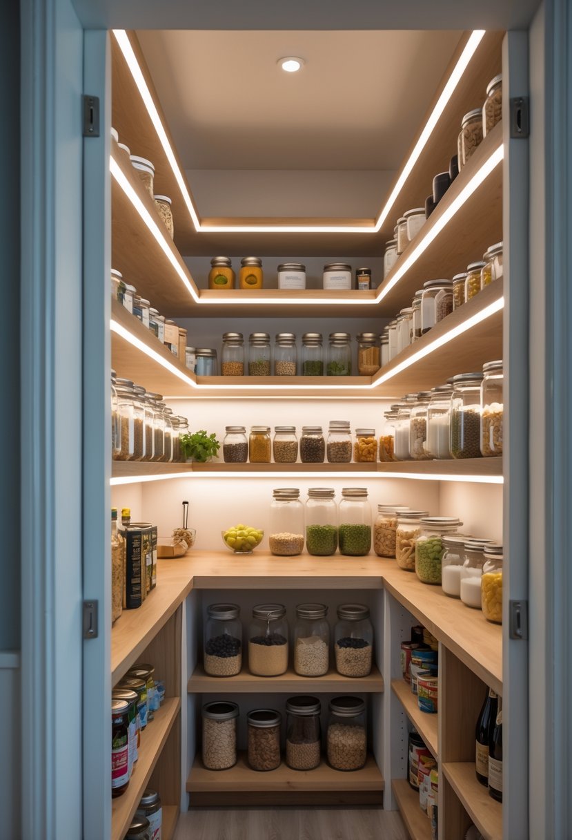 Pantry Makeover Ideas 2026: 22 Smart Ways To Refresh Your Storage Space 10 Open pantry with neatly organized shelves illuminated by warm LED strip lighting.