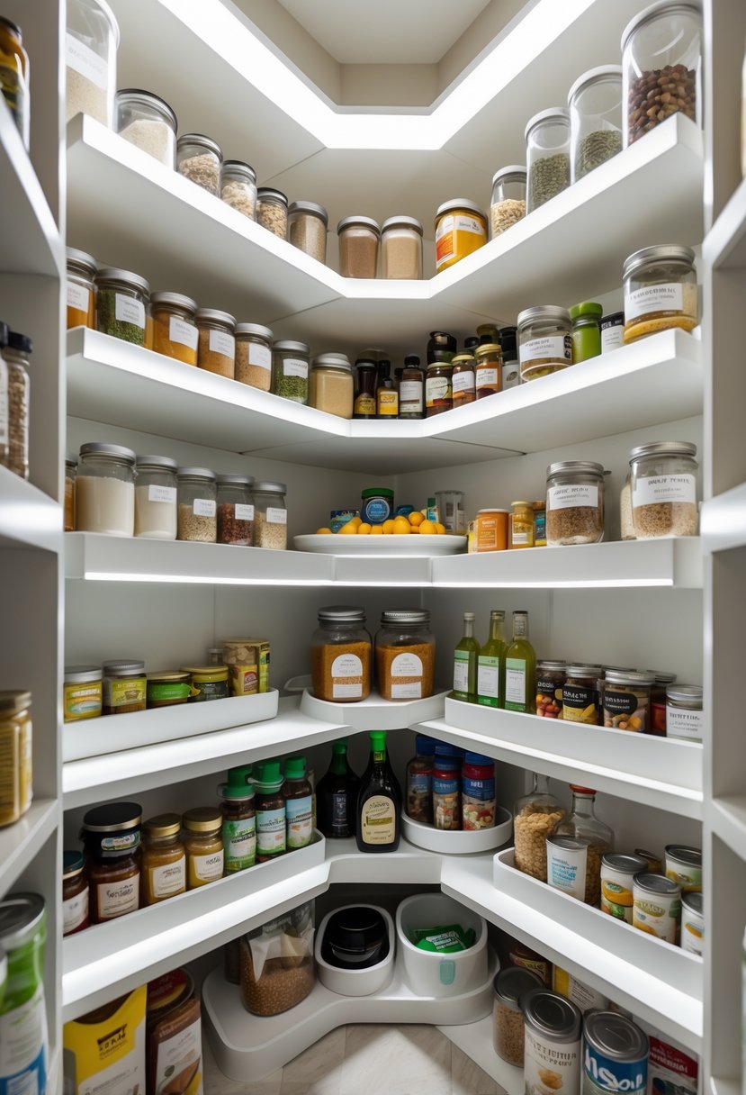 Pantry Makeover Ideas 2026: 22 Smart Ways To Refresh Your Storage Space 11 A corner pantry shelf with rotating lazy Susans holding jars, cans, and bottles, showing an organized and efficient storage setup.