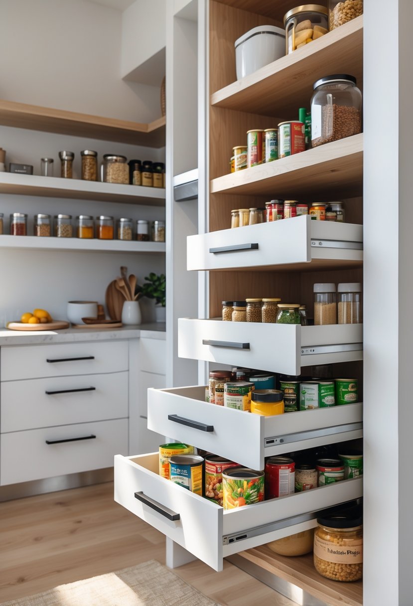 Pantry Makeover Ideas 2026: 22 Smart Ways To Refresh Your Storage Space 13 A modern pantry with sliding drawers open to show organized small items and kitchen supplies.
