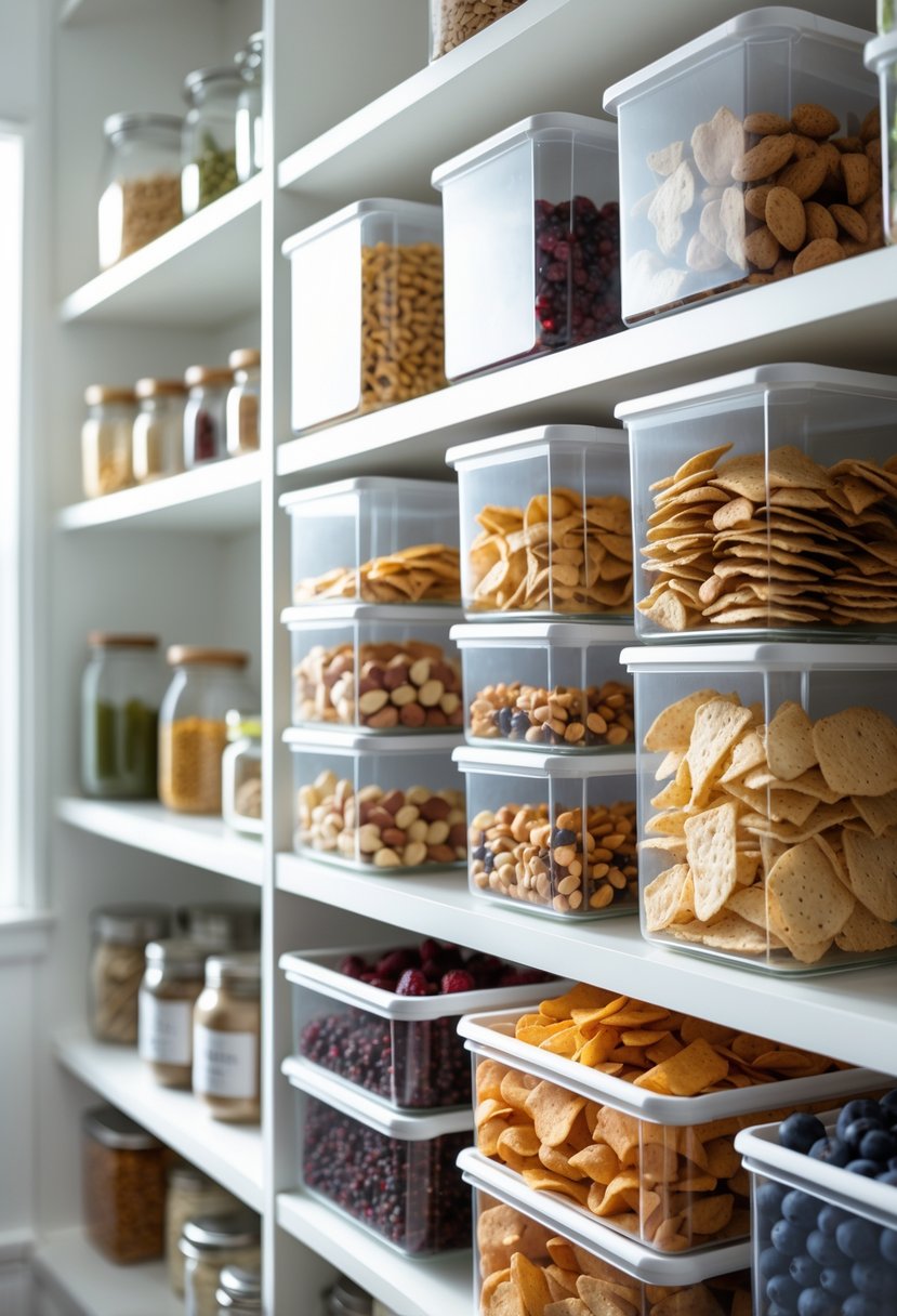 Pantry Makeover Ideas 2026: 22 Smart Ways To Refresh Your Storage Space 14 A neat pantry with clear stackable bins filled with snacks arranged on white shelves.