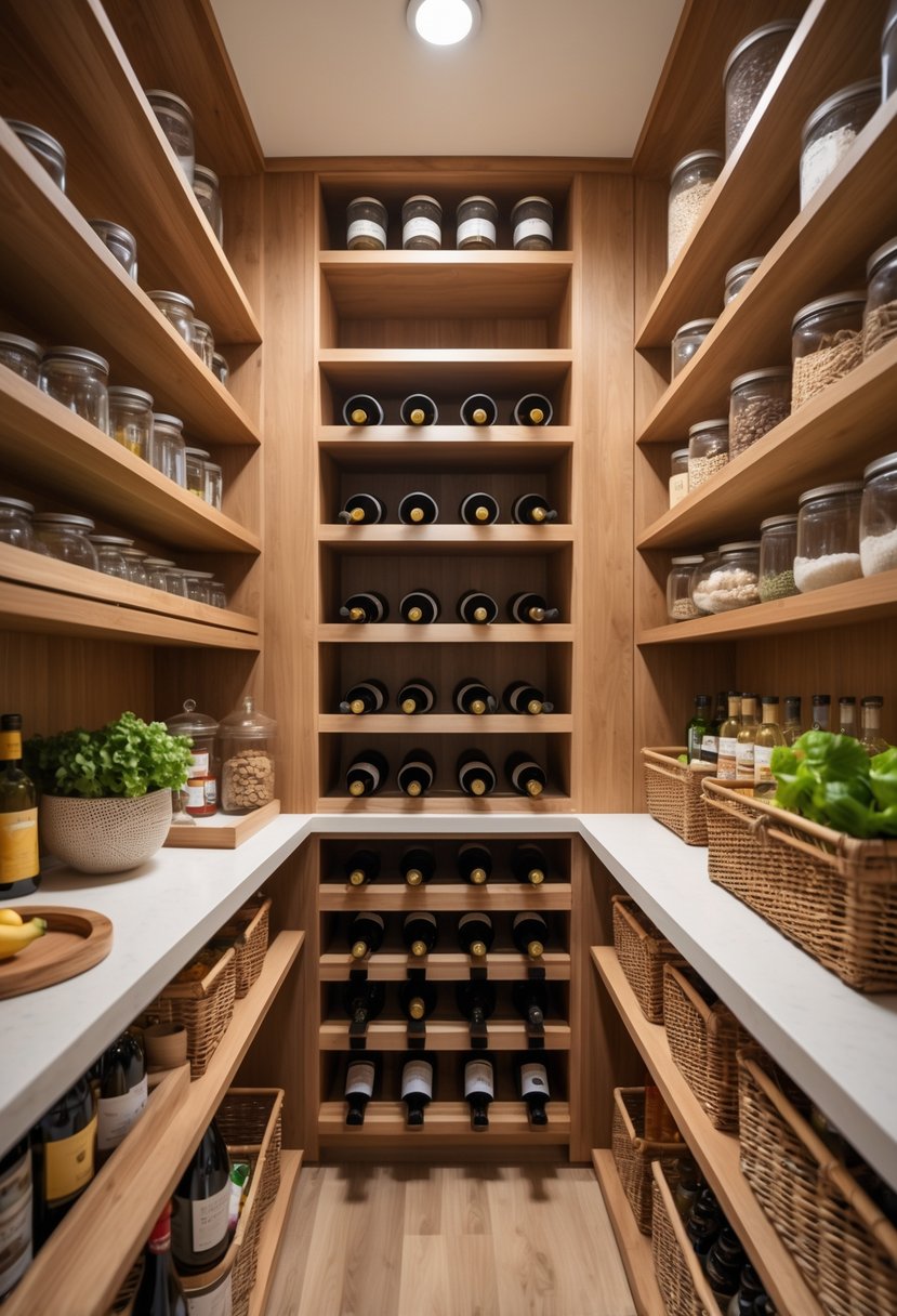 Pantry Makeover Ideas 2026: 22 Smart Ways To Refresh Your Storage Space 16 A spacious pantry with a built-in wine rack, organized shelves with jars, canned goods, and fresh produce baskets.