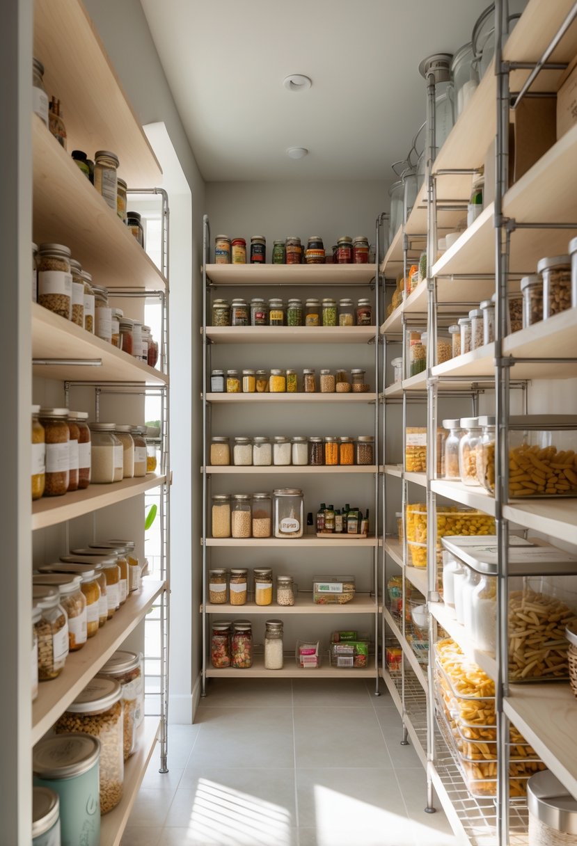 Pantry Makeover Ideas 2026: 22 Smart Ways To Refresh Your Storage Space 17 A neatly organized pantry with wire racks holding various food items, creating an airy and tidy storage space.