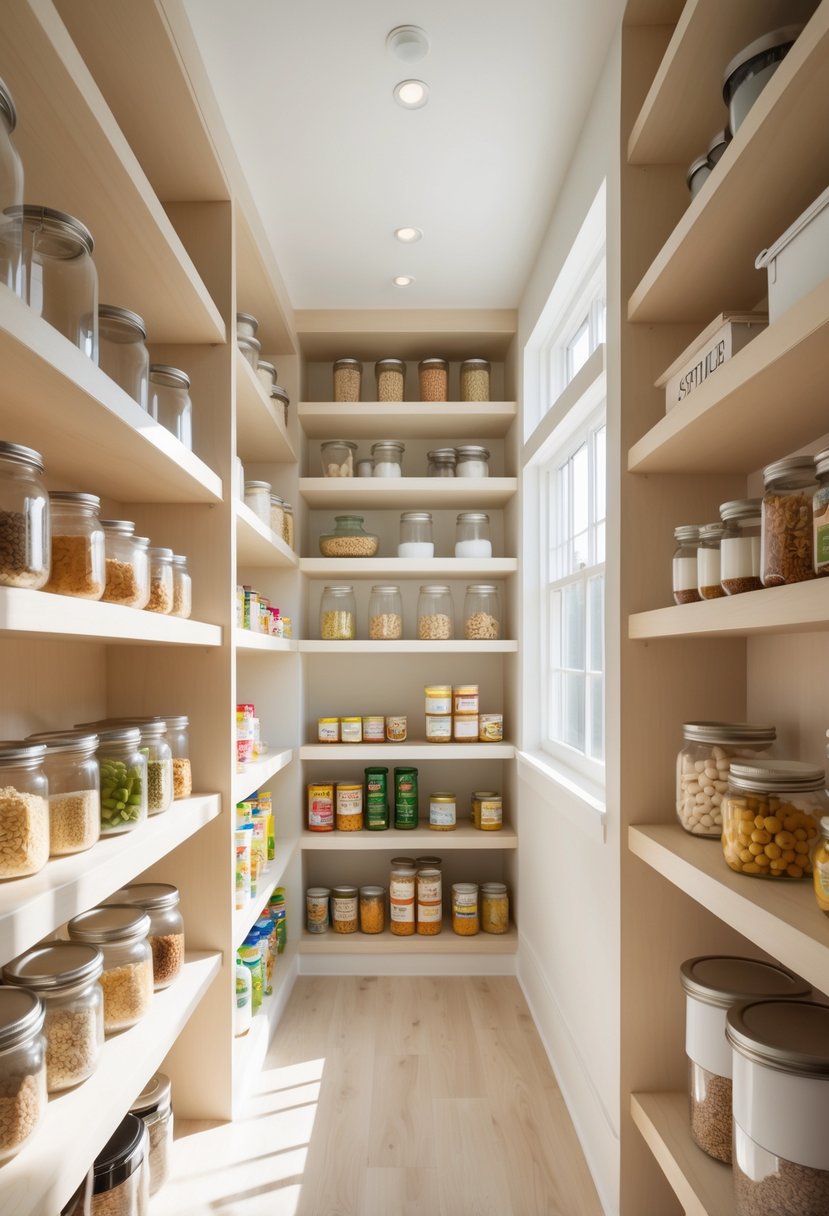 Pantry Makeover Ideas 2026: 22 Smart Ways To Refresh Your Storage Space 18 Bright and organized pantry interior with light-colored walls and neatly arranged shelves filled with food containers and jars.