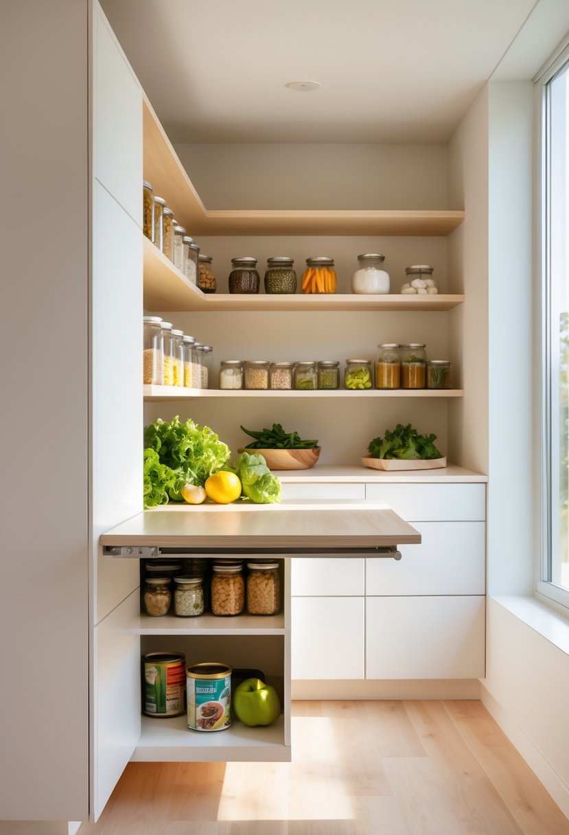 Pantry Makeover Ideas 2026: 22 Smart Ways To Refresh Your Storage Space 19 A modern pantry with a fold-down wooden countertop extended, surrounded by organized shelves filled with kitchen items.