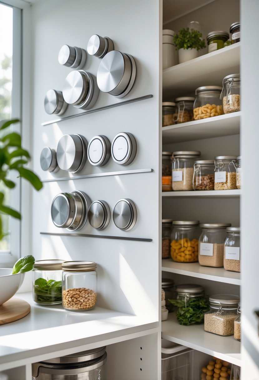 Pantry Makeover Ideas 2026: 22 Smart Ways To Refresh Your Storage Space 20 A modern pantry with magnetic strips holding metal lids and tools, showing an organized and tidy storage setup.