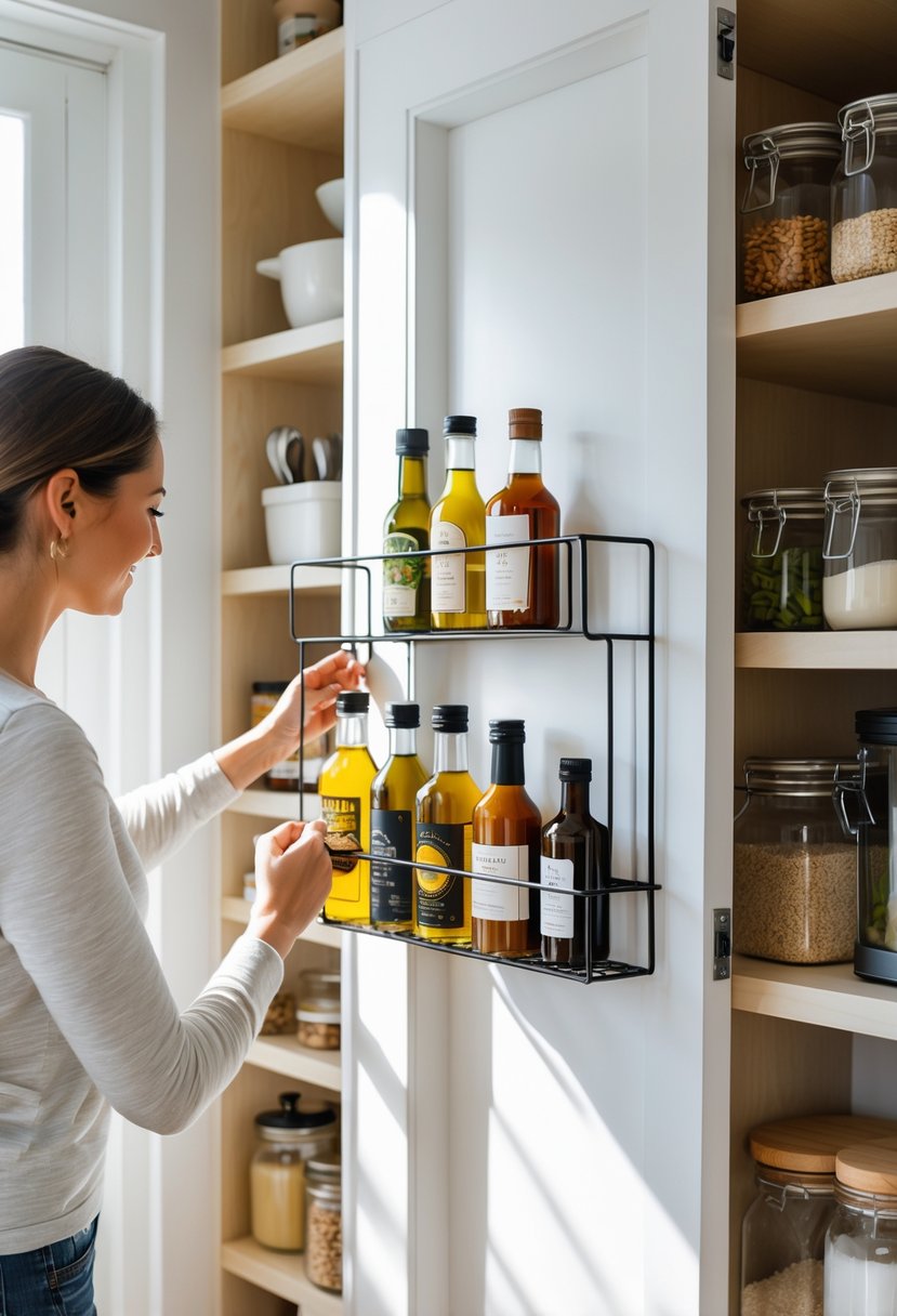 Pantry Makeover Ideas 2026: 22 Smart Ways To Refresh Your Storage Space 21 Person installing a door-mounted bottle rack inside a neatly organized pantry.