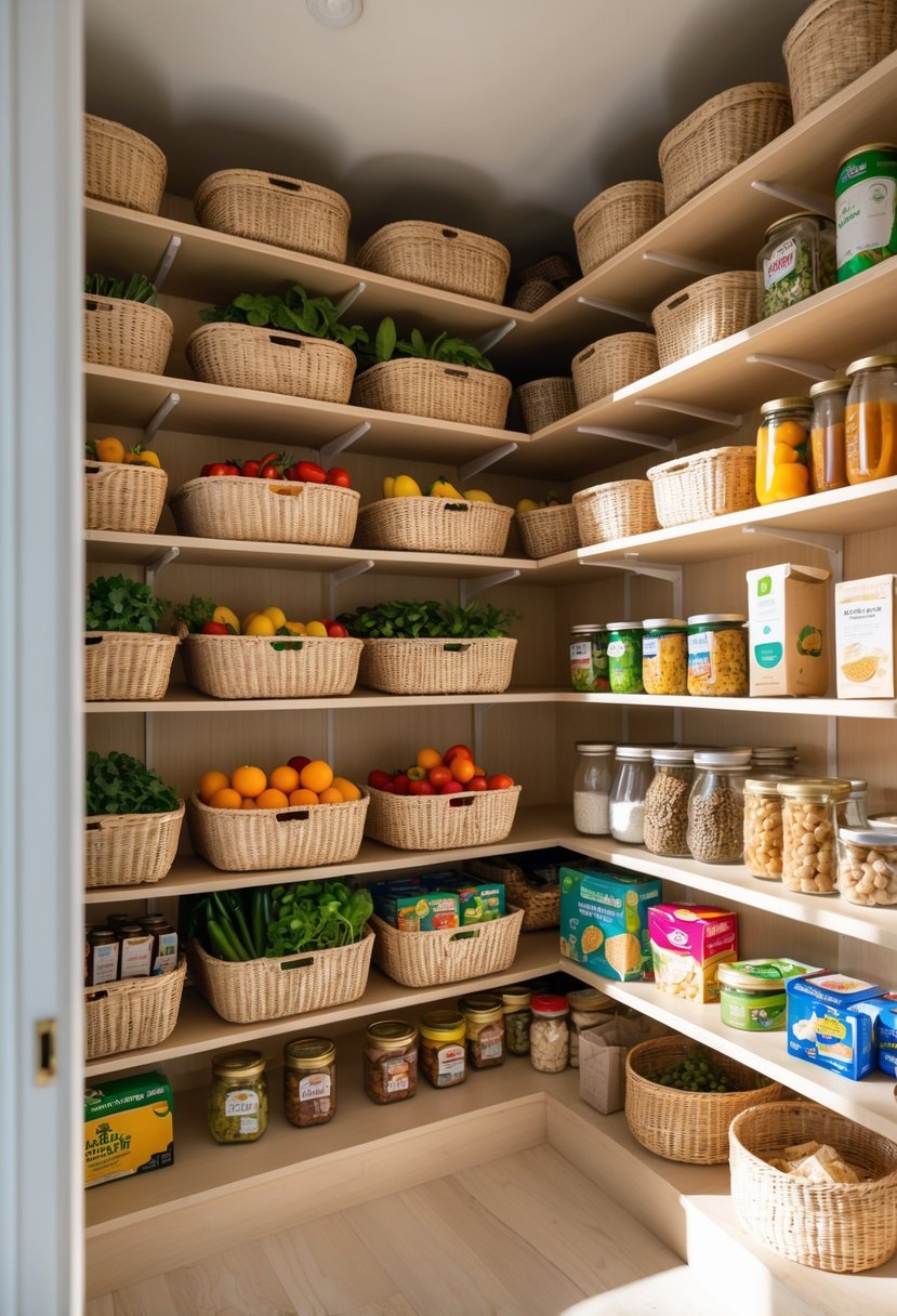 Pantry Makeover Ideas 2026: 22 Smart Ways To Refresh Your Storage Space 22 A neatly organized pantry with baskets separating fresh fruits and vegetables from packaged food items on wooden shelves.