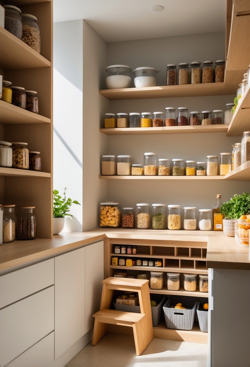 Pantry Makeover Ideas 2026: 22 Smart Ways To Refresh Your Storage Space 23 A neatly organized pantry with shelves full of food items and a small wooden step stool stored under a lower shelf.