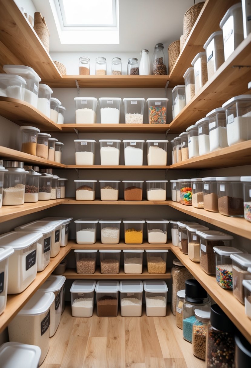 Pantry Makeover Ideas 2026: 22 Smart Ways To Refresh Your Storage Space 24 A tidy pantry with clear bins holding baking supplies like flour, sugar, and baking powder on wooden shelves.